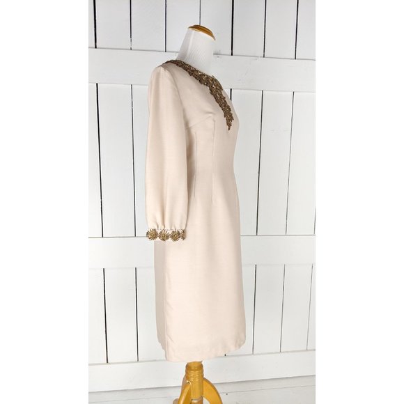 Vintage 1950s Ranees Clothiers gold beaded champagne long sleeve shift dress - Picture 3 of 10